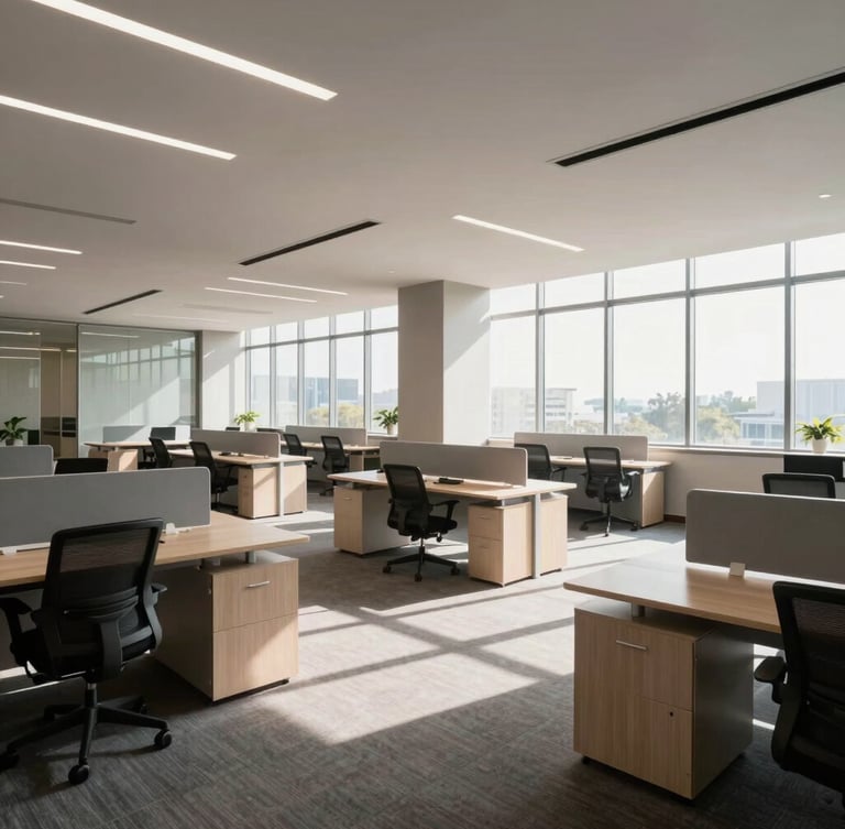 Wide-angle environmental shot of a sprawling corporate office floor in Gachibowli with linear modular workstations, clean daylight streaming through large windows, and sharp architectural angles.