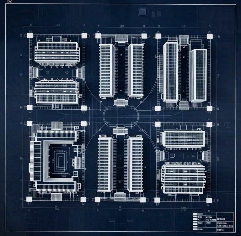 Top-down high-contrast CAD floorplan drawing of a high-density corporate office layout, clean white lines on dark navy blueprint background.