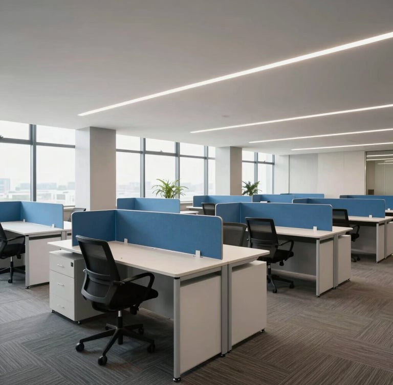 Wide-angle photograph of a completed corporate office floor in Hyderabad, rows of modern linear workstations with blue acoustic screens, bright natural daylight, clean composition.