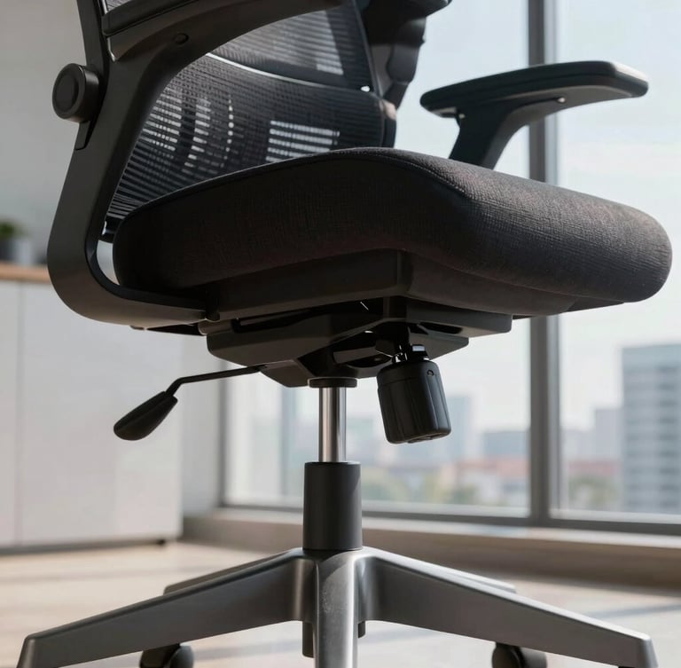 A close-up macro shot of a premium ergonomic office chair's synchro-tilt mechanism and brushed steel base, bright daylight streaming from a high-rise office window in Gachibowli, Hyderabad.