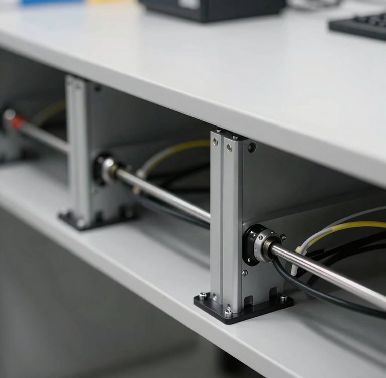 Macro shot of heavy-duty modular workstation joints and neat under-desk wire management, bright commercial workspace lighting.