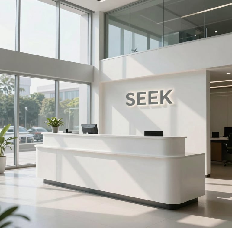 Sleek, pristine pharmaceutical corporate office lobby in Hyderabad, minimalist white executive reception desk, heavy-duty build, daylight streaming through large glass windows.