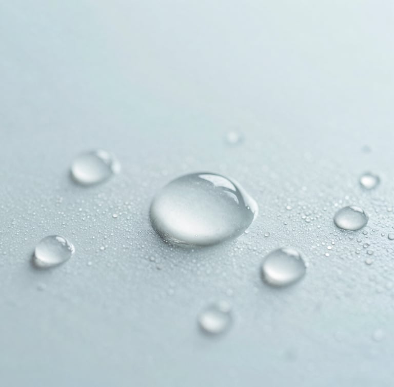 Macro close-up of crystal clear water droplets on a pristine glass surface, bright high-key morning light, translucent ice-blue tones, shallow depth of field