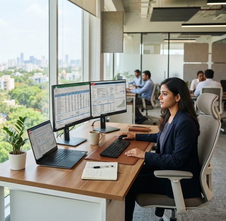 Clean modern office space in Bengaluru, bright natural light, professional workspace with dual monitors showing tax software, sharp focus, 35mm lens.
