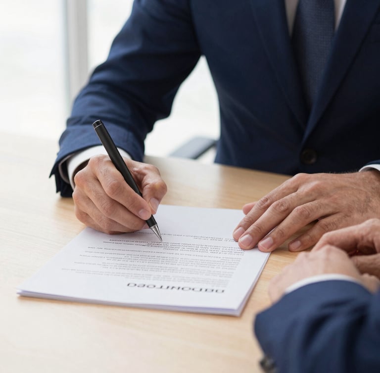 Close-up of hands signing legal documents on a clean wooden desk, soft natural office light, professional corporate navy tones, sharp focus, 35mm lens