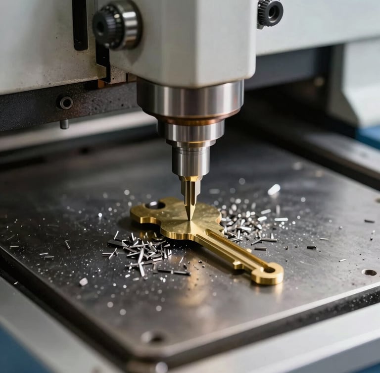 Macro shot of a high-precision laser key cutting machine milling a brass car key blade inside a mobile workshop, bright natural daylight, sharp metal shavings.