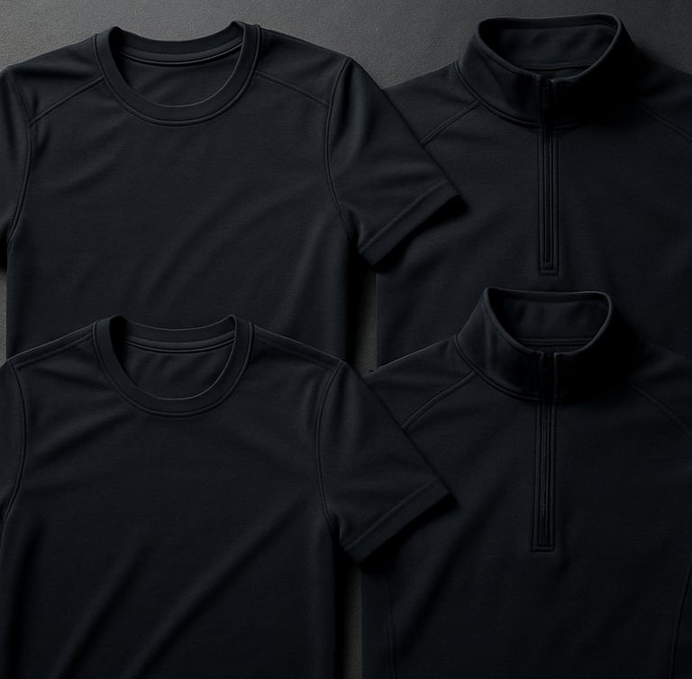 Close-up flat-lay of curated event apparel kits, showing high-performance t-shirts and mid-layers in deep charcoal tones with precise stitching, sharp overcast daylight