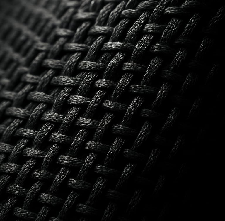 Extreme macro close-up of a high-tech athletic fabric weave, charcoal grey fibers, dramatic side lighting, sharp texture detail, 35mm lens