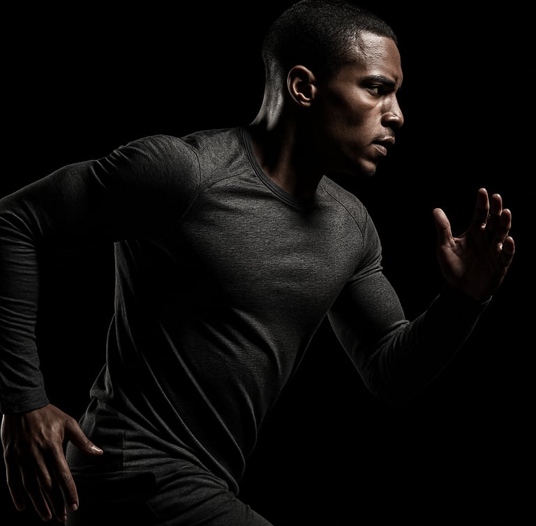 High-contrast studio photograph of an athlete in motion wearing a custom-branded charcoal training top, dramatic side lighting, sharp details