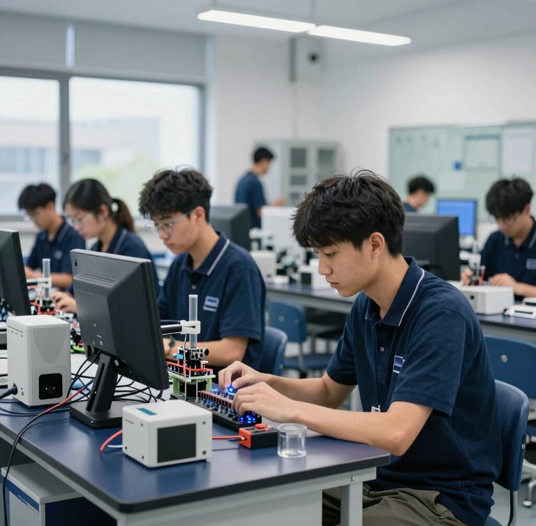 Dynamic environmental wide shot of the technical prototyping lab with students working in the background, sharp focus, 35mm modern editorial.