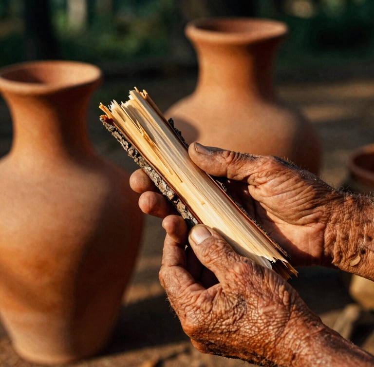 Close-up of weathered hands of an elder holding freshly stripped tree bark, warm golden hour sunlight, terracotta clay vessels in the background, highly textured 35mm photography.