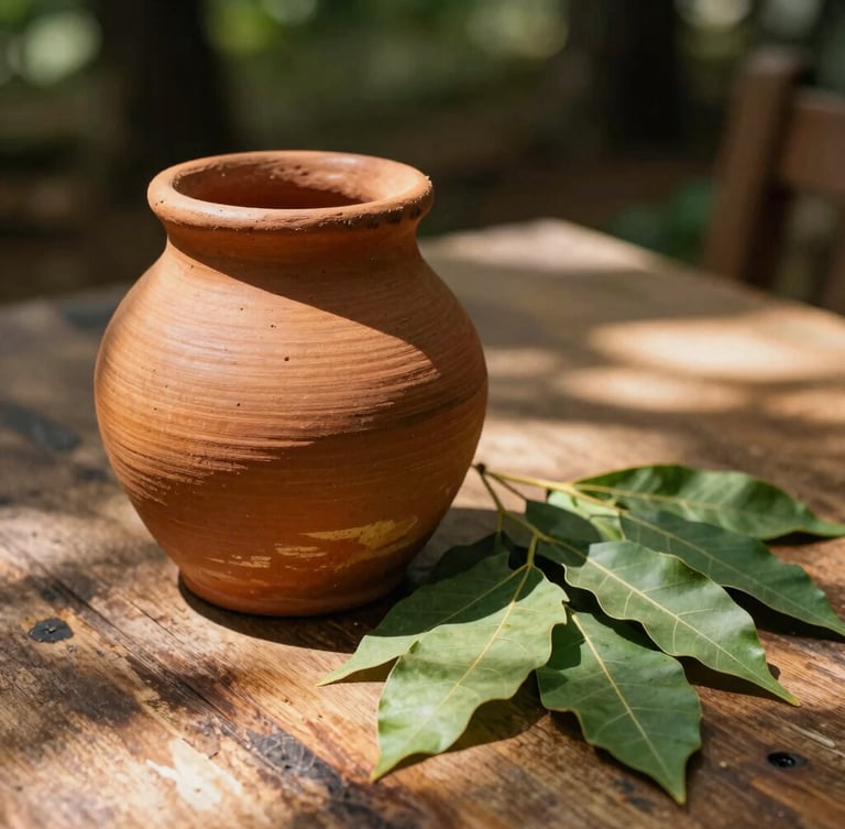Close-up of a rustic clay pot (quartinha) next to dry jurema leaves on a weathered wooden table, warm sunlight filtering through leaves, 35mm photography