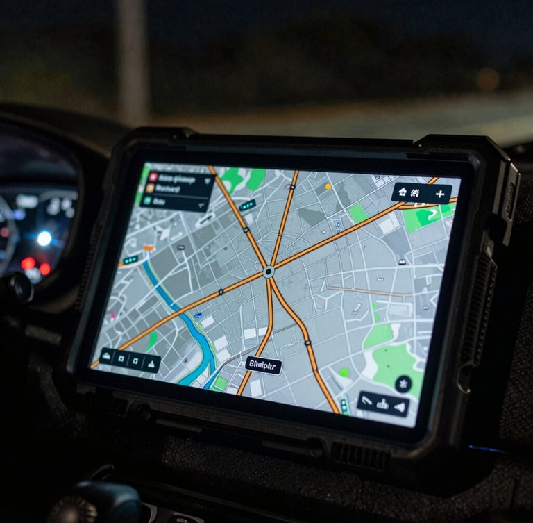 Close-up of a rugged tactical tablet displaying a high-contrast GPS route map with amber lines, dark dashboard of a vehicle at night, cinematic lighting