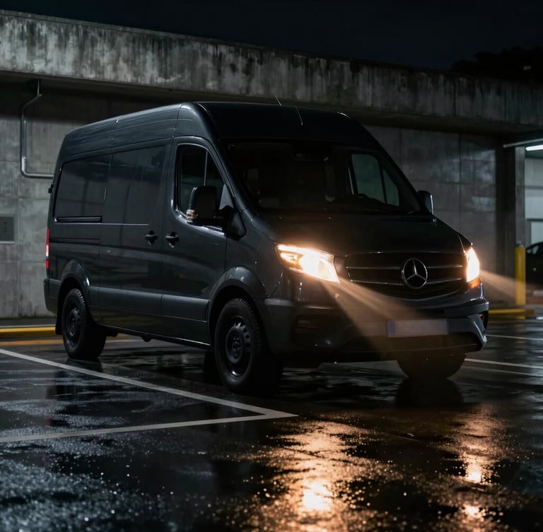 Sleek black sprinter van parked at a dark concrete backstage loading dock at night, dramatic amber headlight flares reflecting on wet asphalt, cinematic low-key lighting, 35mm anamorphic lens.