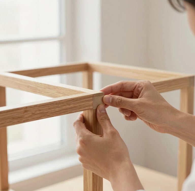 Bright interior photography, soft natural daylight, hands of an artisan carefully adjusting the backing of a modern oak wood frame, warm minimalist studio setting, shallow depth of field, 35mm lens