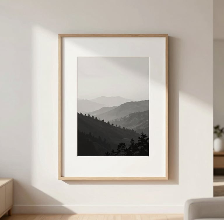 Straight-on eye-level shot of a bright, modern, minimalist living room with a large custom-framed print hanging on a warm off-white wall, soft natural daylight casting gentle shadows, 35mm lens, shallow depth of field