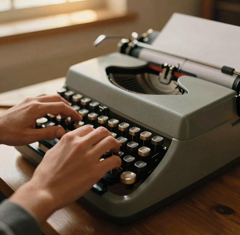Close-up of hands typing on a vintage typewriter, warm golden-hour light spilling across a wooden desk, shallow depth of field, 35mm film grain style.