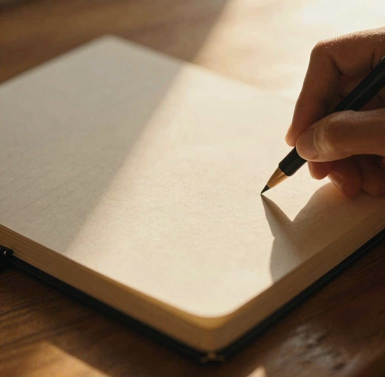 A close-up of a hand writing on a textured journal page, warm golden-hour light streaming across a wooden table, shallow depth of field, 35mm film grain