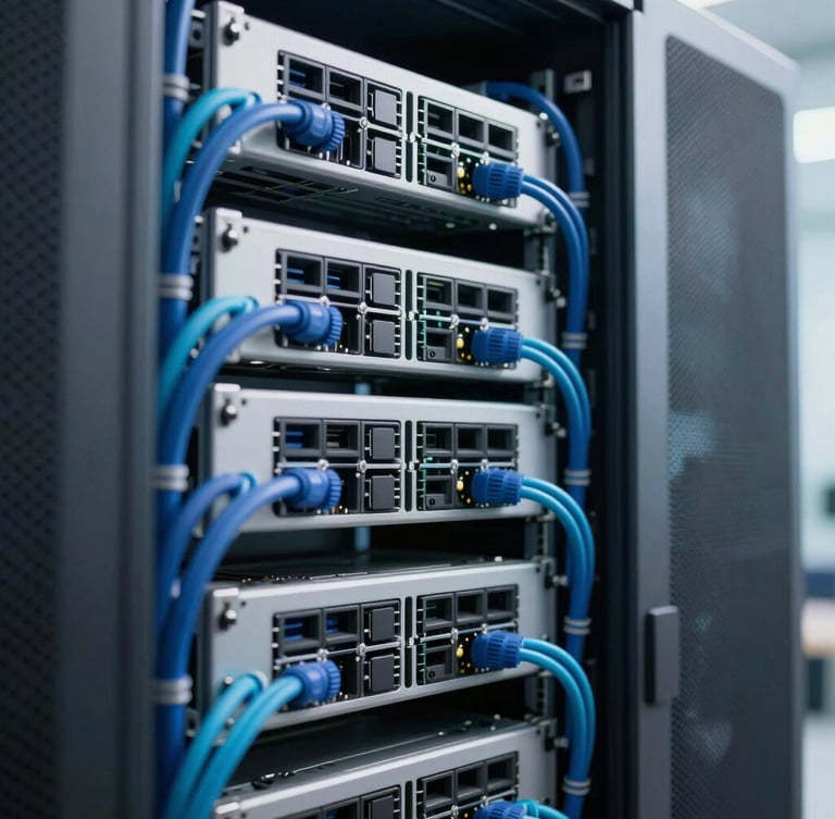 Macro shot of high-quality local server racks with clean blue and cyan cable management, cool modern indoor lighting, 35mm