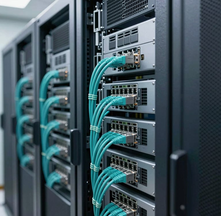 Close-up of clean server racks in a local datacenter, organized teal and cyan ethernet cables, bright daylight lighting, modern corporate photography, 35mm