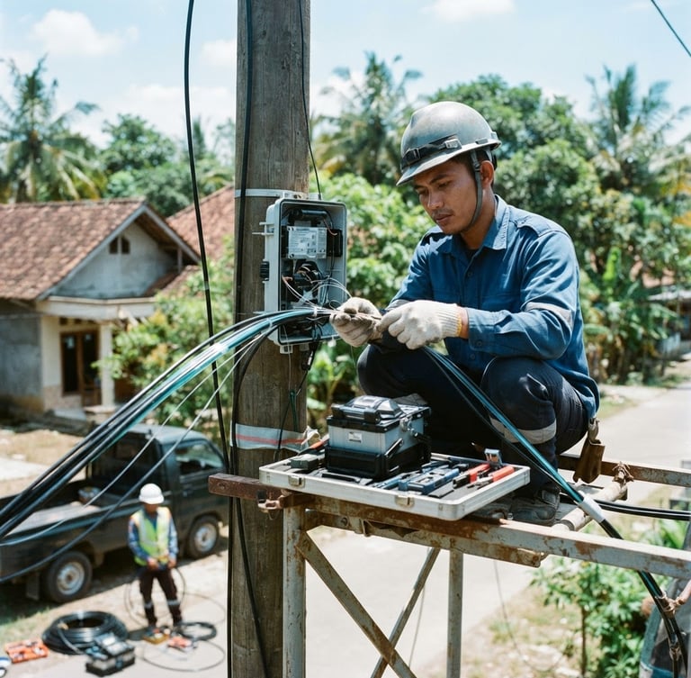 Medium shot of real fiber-optic cable installation in regional Indonesia, bright daylight with cool cyan highlights, professional network technology, sharp focus, 35mm