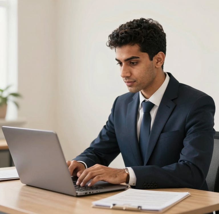 Professional Egyptian student working on a modern laptop in a bright studio, warm lighting, focused composition, 35mm lens
