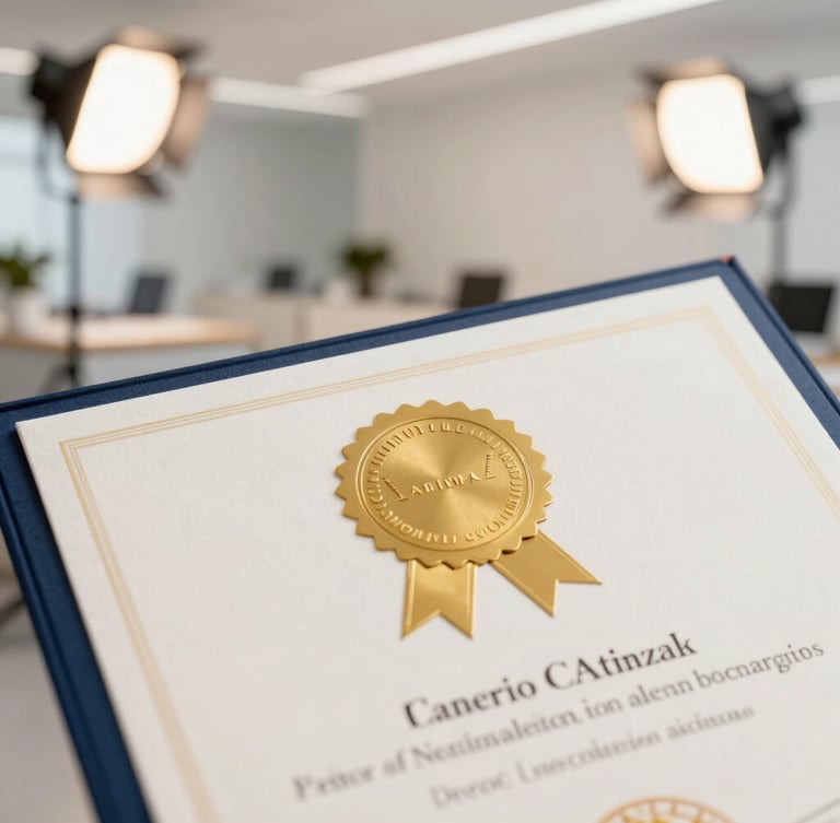 Close-up of an official certified certificate with gold seal, professional studio lighting, warm corporate tones