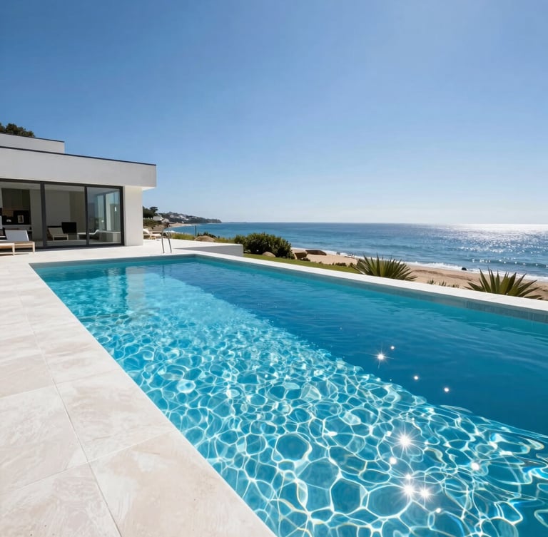 Bright architectural photography of a modern concrete pool integrated with coastal home architecture, sparkling clear blue water under sunny daylight, rich blue and white tones, wide-angle lens.