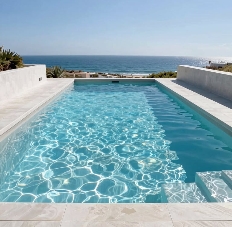 Bright architectural photography of a luxurious modern concrete pool with crystal clear water, sunny daylight, clean lines, coastal background