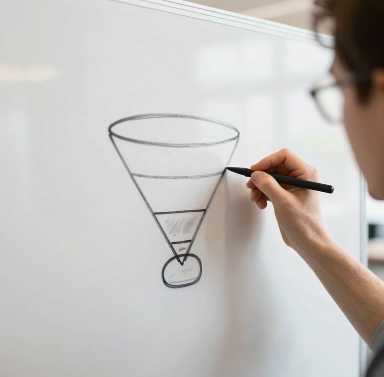 Close-up of hands sketching a high-converting digital funnel on a clean whiteboard in a bright, modern creative studio, warm energetic daylight, shallow depth of field, 35mm lens