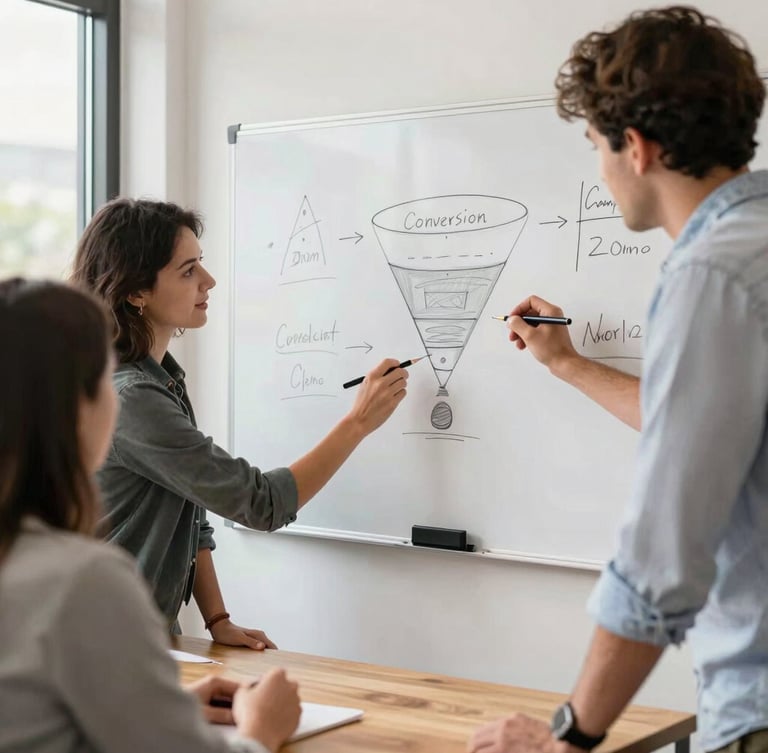 Bright candid office photography, natural daylight, warm energetic tones, a creative team collaborating around a modern wooden table, sketching a conversion funnel on a whiteboard, shallow depth of field, 35mm lens