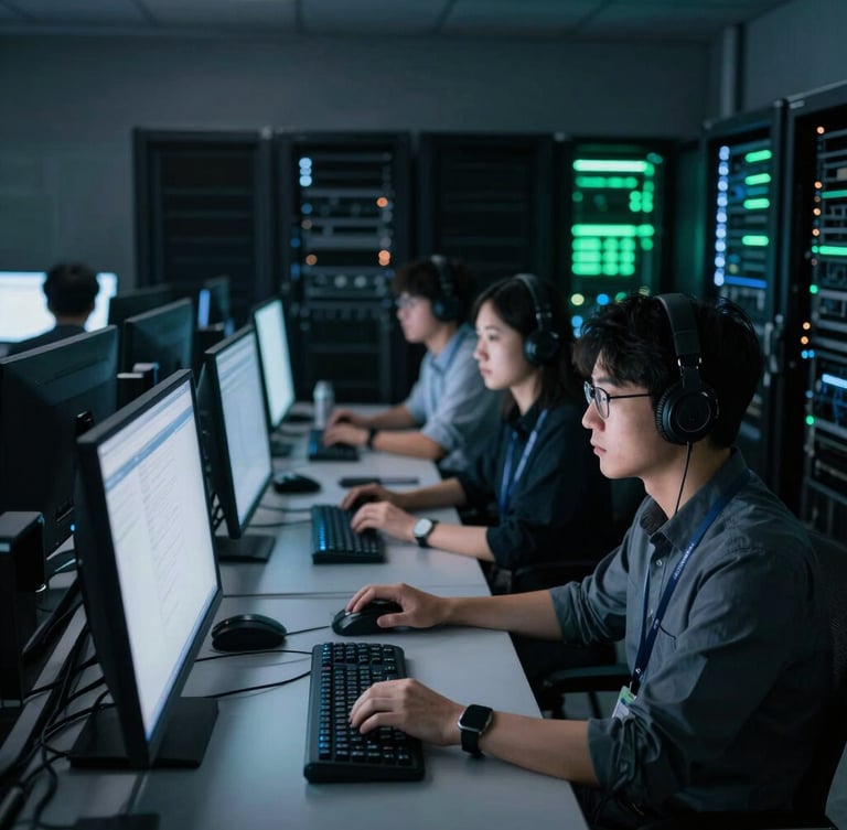 Candid wide shot of a technical security analyst team in a low-key command center, cool white screen illumination, focused professional atmosphere