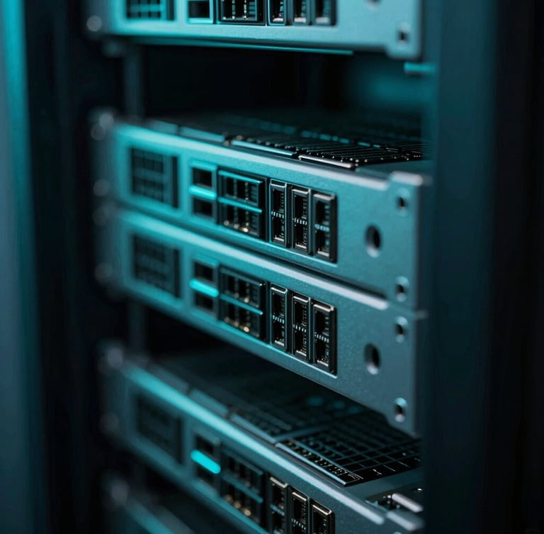 Extreme close-up of high-end server hardware interfaces, moody neon cyan ambient light, shallow depth of field, architectural technical layout