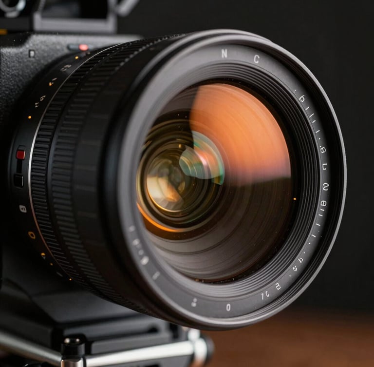 Extreme close-up of a high-end cinema camera lens reflecting dramatic orange studio lights, dark set background, cinematic shallow depth of field.