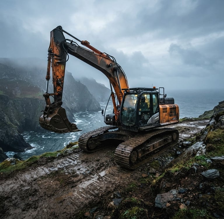 Low-angle heroic shot of a large tracked excavator, mud-covered, on a steep, misty coastal cliff edge at dawn, wide-angle lens, damp surfaces catching cold light, 35mm
