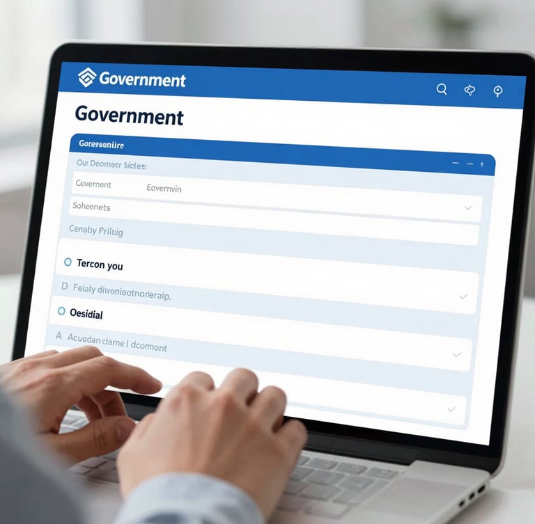 Clean professional photography of hands typing on a secure digital screen showing a simplified government form, bright neutral office lighting, sharp focus, corporate blue tones.
