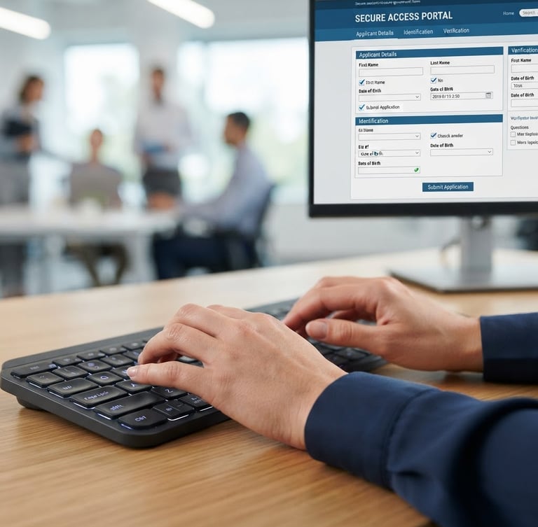 Close-up of hands typing on a clean keyboard, secure digital screen showing a simplified government form, bright neutral office lighting, professional corporate blue tones, sharp focus, 35mm lens
