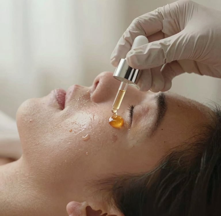 Extreme close-up of a clinical hand in a white glove gently applying a single drop of amber serum onto clean, highly hydrated skin showing real pores, soft natural daylight filtering through sheer curtains, warm sand background.