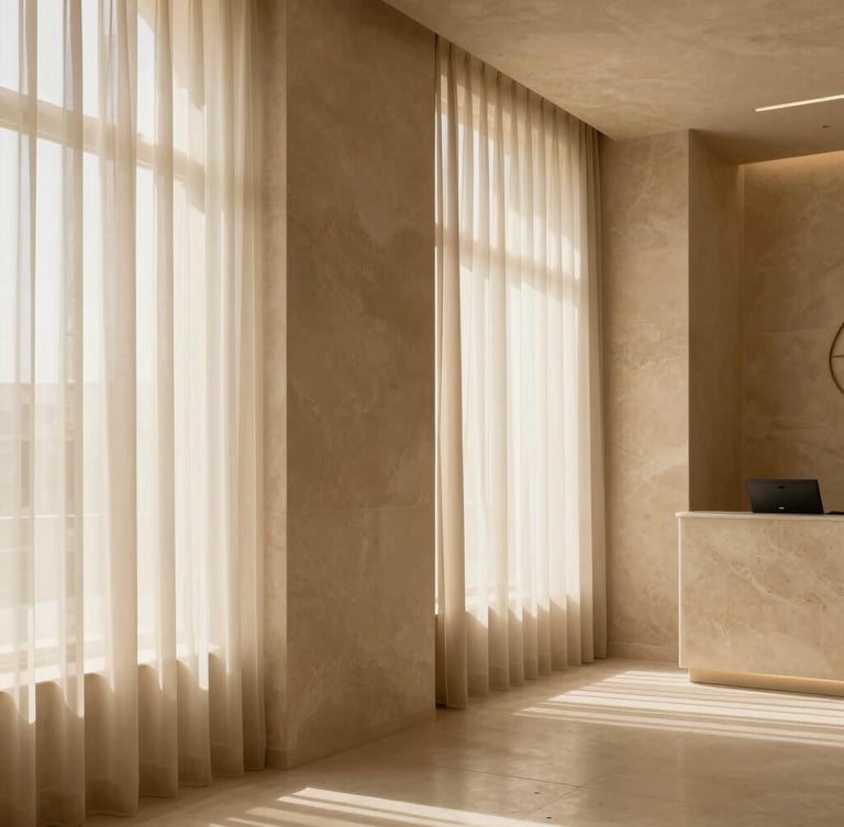 Architectural detail of a serene, travertine-clad skin clinic interior in Riyadh, soft diffused daylight filtering through sheer curtains, minimalist warm sand tones, quiet luxury