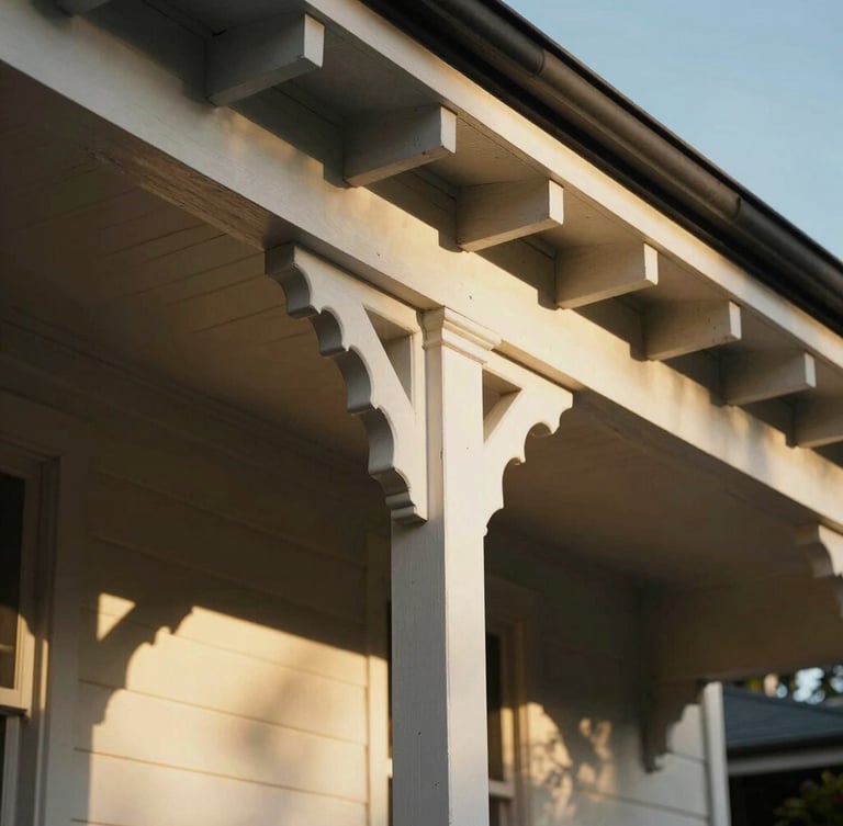 Tight architectural crop of a Brisbane Queenslander home, showing detailed timber veranda brackets, deep shadows, warm golden hour light reflecting off white timber.