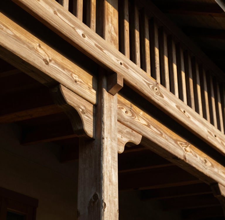 Macro shot of traditional Queenslander timber veranda details, high-contrast natural light, deep shadows, golden hour warmth reflecting off structural elements, premium architectural composition.