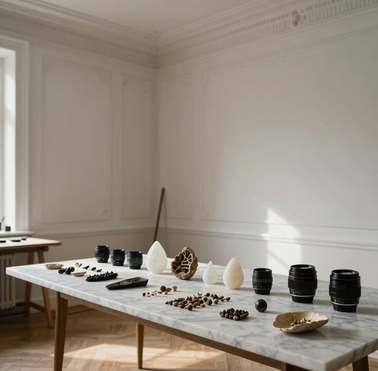Quiet, empty creative studio space with classical plaster moldings, a marble table holding physical type specimens, soft diffused daylight.