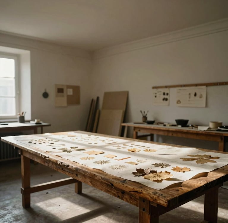 A quiet, sun-drenched European-style atelier with high plaster ceilings, soft north-facing daylight casting long shadows on a rustic wooden table covered in heavy cotton paper specimens.