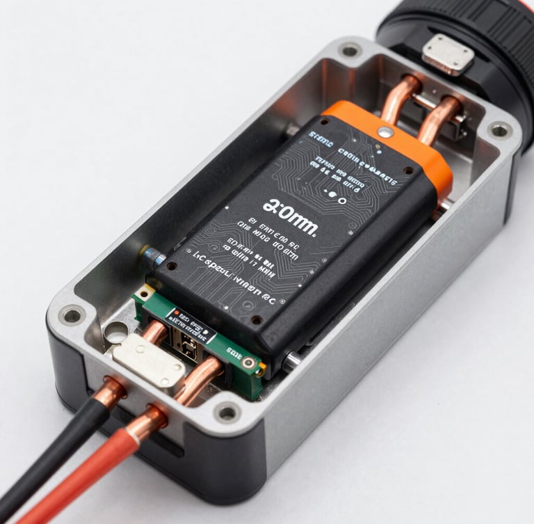 Macro studio shot of internal battery architecture, copper cooling pipes, customized BMS board with clear circuitry, safety-orange highlights, technical detail, 50mm lens