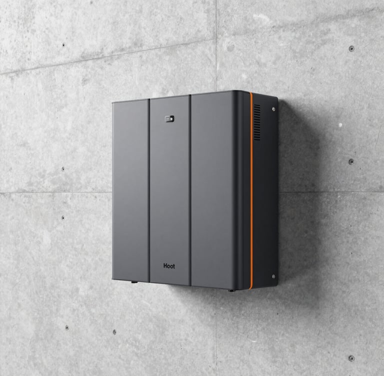 Sleek modern home battery stack mounted on a minimalist concrete wall in a high-end garage, clean technical lines, sharp studio lighting with subtle orange accents, 50mm lens