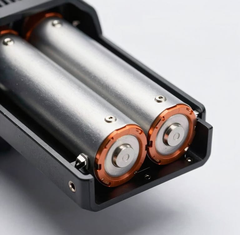 Close-up of internal battery architecture under sharp industrial studio lighting, metallic cells aligned with technical precision, 50mm lens