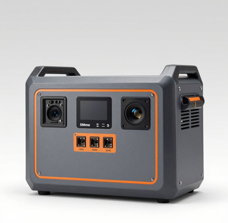 Straight-on studio product shot of a high-capacity slate-gray portable power station, clean orange accents, showing technical ports, high-contrast industrial lighting, 50mm lens