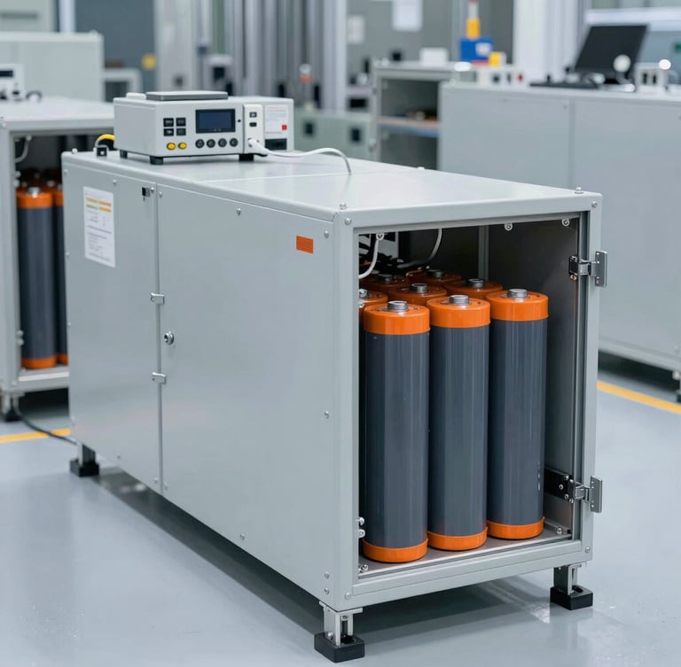 Wide environmental shot of a modern automated production line assembling large lithium battery cabinets, cool gray tones with sharp orange highlights, high technical detail.