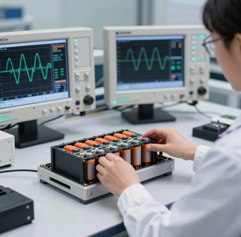 An engineer in a high-tech testing lab adjusting a modular battery pack on a test bench, oscilloscope screens displaying wave patterns in the background, cool-toned lighting