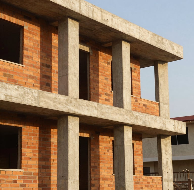 Portrait architectural shot of a modern residential facade under construction in Lagos. Warm golden hour tropical sunlight highlights raw concrete pillars and terracotta brickwork. Sharp framing, 35mm.